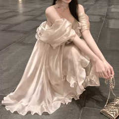 錦倩【浮光浅夢】ハスの葉の縁のvネックの胸を拭くシフォンのワンピースはやせている休暇のスカートの妖精のスカートの潮を現します。