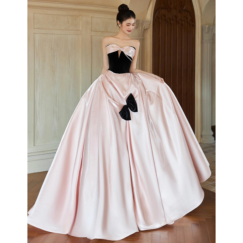 Pink Strapless Satin Evening Dress for Women 2026 New French Style Coming-Of-Age Ceremony Princess Dress Engagement Banquet Bride Toast Dress