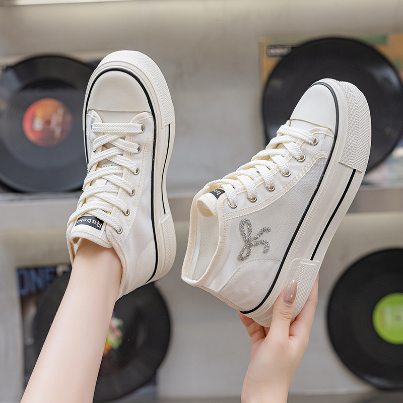 Women's Shoes 2026 Summer Thin High-Top White Sneakers with Thick Soles, Rhinestone Mesh Shoes, Trendy Versatile Casual Shoes Women's Shoes 2026 Summer Thin High-Top White Sneakers with Thick Soles, Rhinestone Mesh Shoes, Trendy Versatile Casual Shoes
