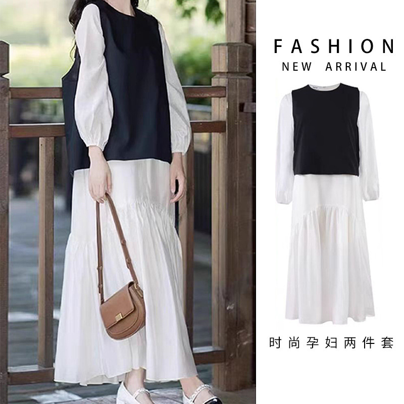 high quality in stock pregnant women French white long sleeve dress with black horse armor a set of spring and autumn new suit