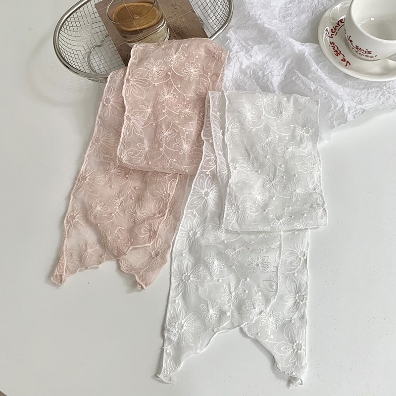 Pañuelo de seda de encaje, tira larga, sentido de alta gama, nueva primavera y verano, dulce cinta bordada, bufanda pequeña multiusos, cinta de bolsa atada
