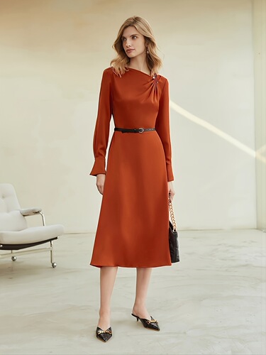 New European and American Style TEMU Solid-Color Long-Sleeved Fashionable Elegant Long Dress with Waist Cinching—Women’s All-Match Design
