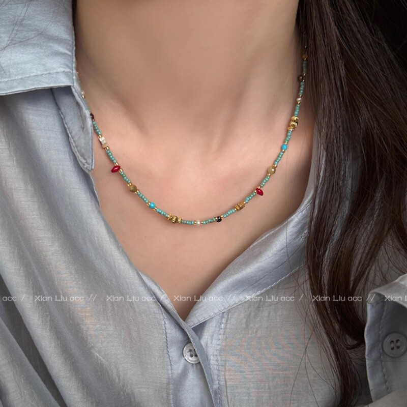 Green Turquoise Colorful Beaded Necklace Women's Accessible Luxury High-End Niche Necklace Accessories Clavicle Chain Choker