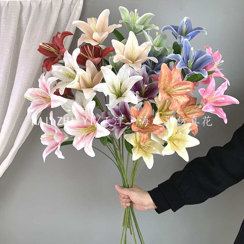 仿真3头百合 布料大百合花 婚礼堂插花装饰酒店商场美陈拍摄道具