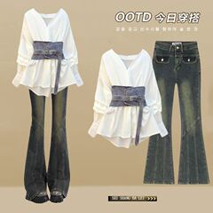 秋季时尚套装女2025新款盐系轻熟束腰衬衫时尚百搭牛仔裤三件套装