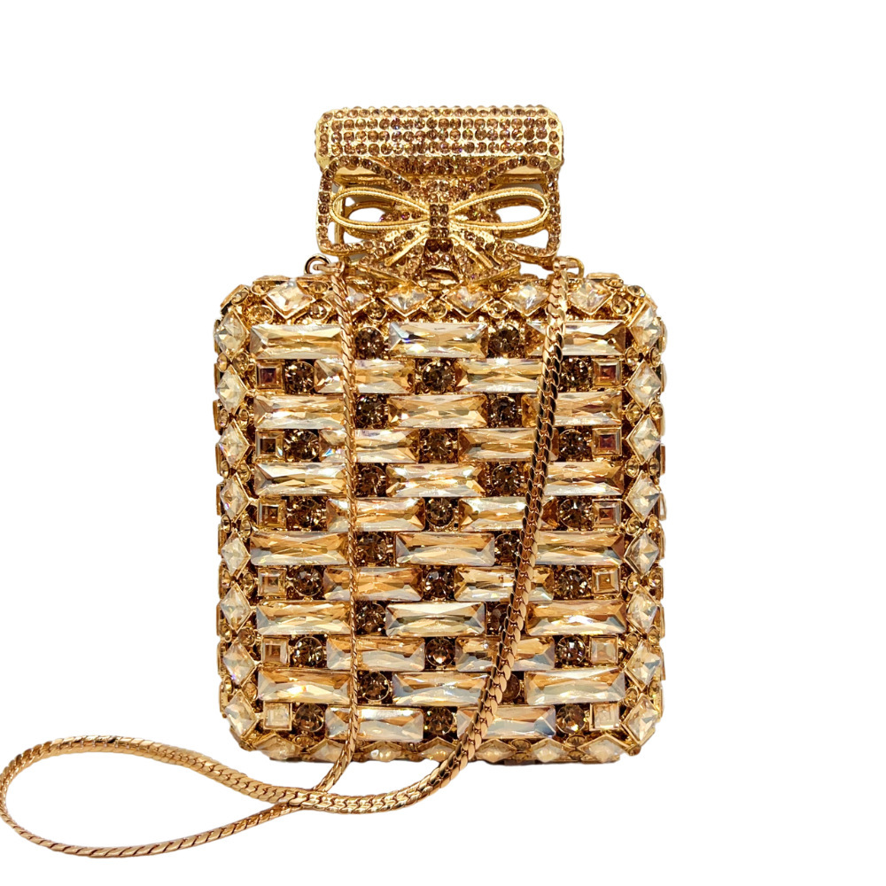 Transfronterizos nueva botella de perfume cuadrada con diamantes bolsas de cena europeas y americanas bolsas de mano de diamantes clutch nuevo oro blanco