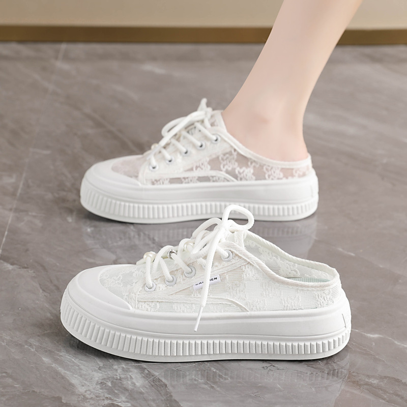 Perezoso con cabeza media zapatillas para mujeres 2026 verano nuevo mallas transpirables zapatos blancos coreanos versátiles zapatillas frías de un pie