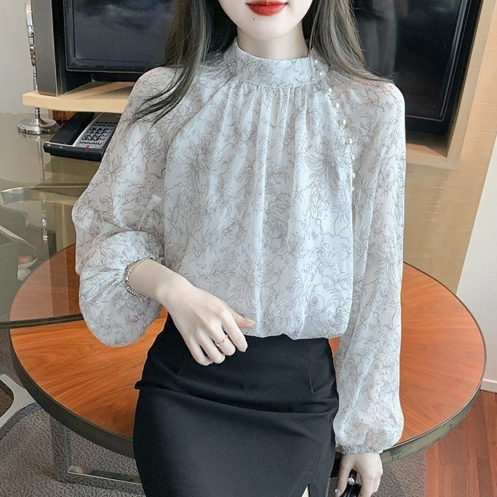 Thin Mesh Base Shirt for Women, Half-High Collar, Chinese Style Long-Sleeved Shirt, Women's Top, Chiffon Shirt, Lace