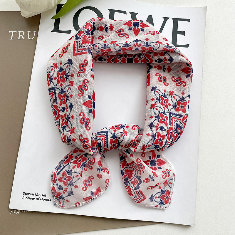 58 algodón y lino pequeña bufanda cuadrada estilo coreano de las mujeres fresco floral artístico elegante todo-fósforo decorativo pequeña bufanda banda de pelo bufanda