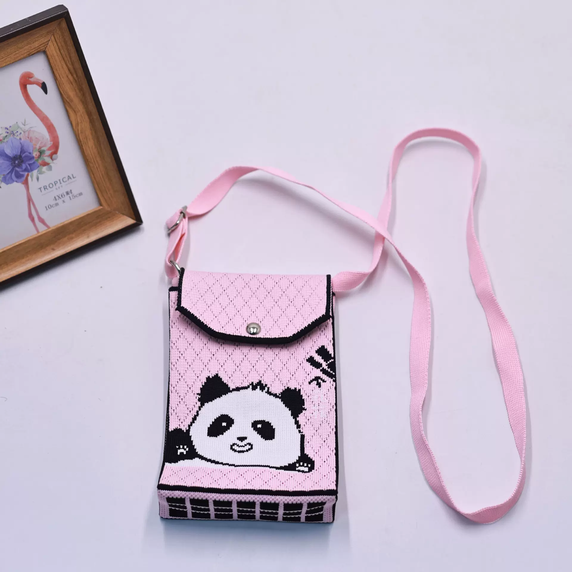 韩版新款小众小熊猫手机包针织单肩斜挎包手拎包翻盖包外出休闲包