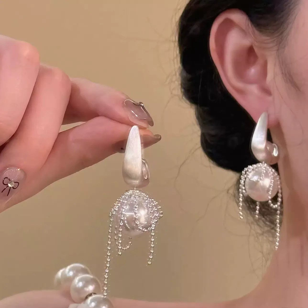 一款多戴的珍珠流苏耳环新款爆款高级感拉丝镀银小众设计感长耳坠