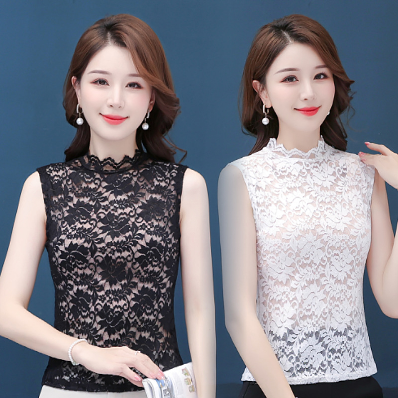 Women's lace base layer top with a semi-high neck and hollowed-out mesh, a false collar, a popular inner layer top.