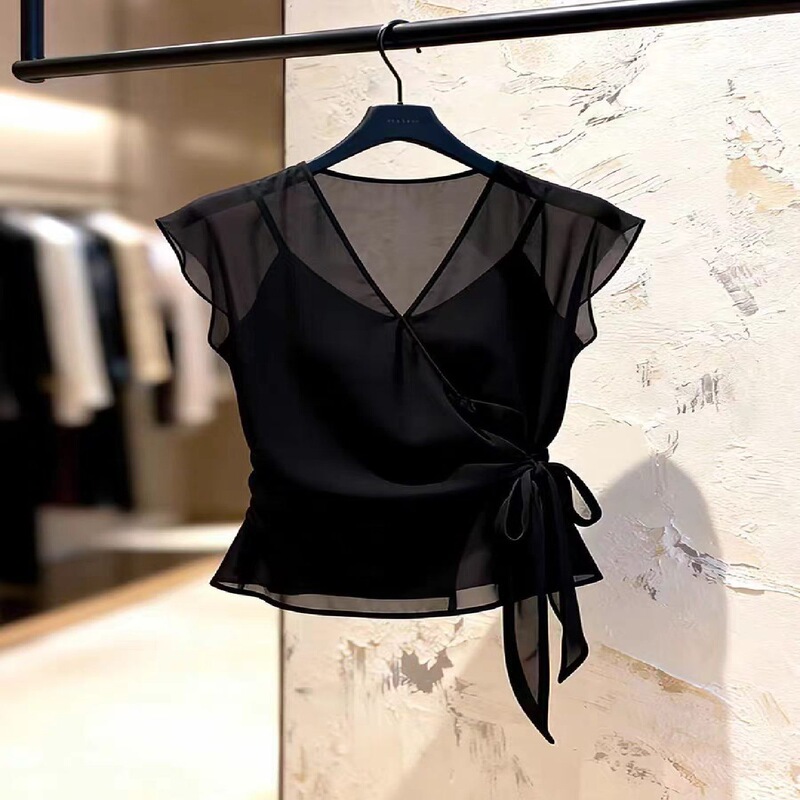 French-Style Light Mature Niche Lace-Up Waist-Cinching Slimming Top 2026 Summer Mesh Patchwork Elegant Pullover Blouse for Women