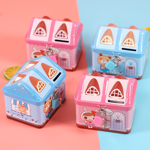 S23 Xiaolingjing tinplate piggy bank cartoon house metal storage coin storage jar for boys and girls with lock