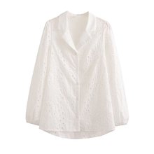 23068夏季 新款女装欧美风西装领纯色镂空刺绣长袖衬衫上衣