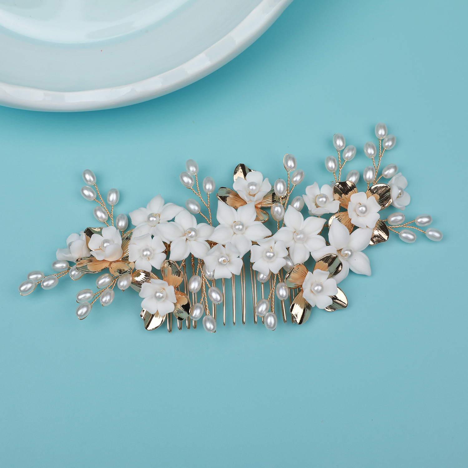 Handmade ceramic pearl hair comb&mdash;traditional-style Hanfu hair accessory, Xiuhe cheongsam hairstyle adornment, floral hair comb&mdash;wholesale