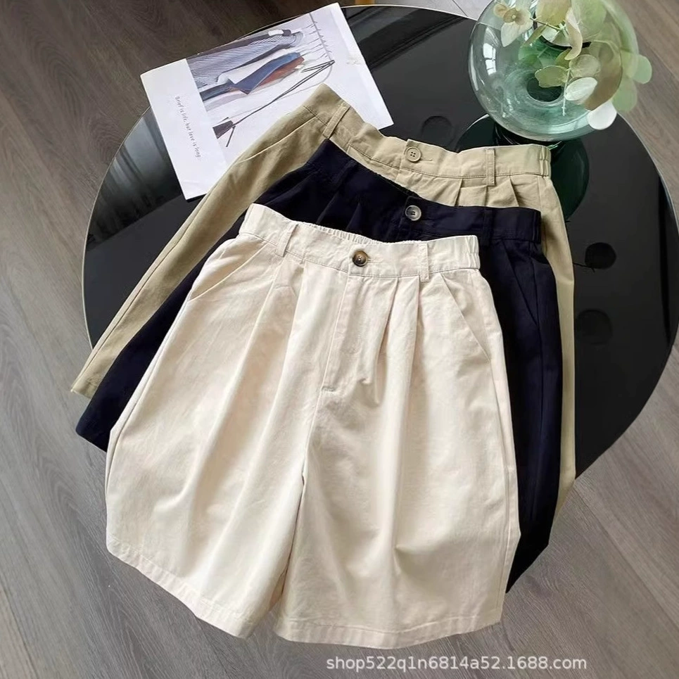 Женские шорты-карго из стираного хлопка, летние тонкие свободные повседневные шорты А-силуэта больших размеров с широкими штанинами и высокой талией.