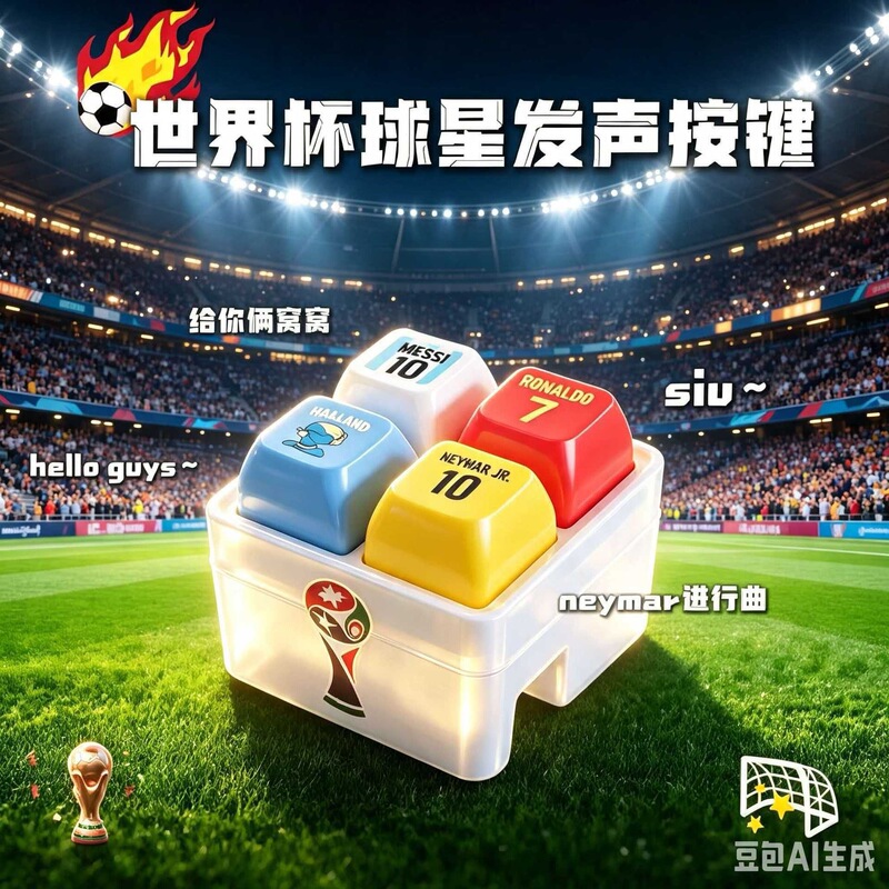 World Cup themed keychain toy with sound and light buttons featuring Cristiano Ronaldo, Messi, and Haaland World Cup themed keychain toy with sound and light buttons featuring Cristiano Ronaldo, Messi, and Haaland