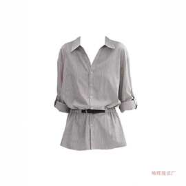法式独特设计V领收腰条纹宽松衬衫女早秋季新款气质休闲通勤上衣
