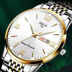 Men's English-Japanese Calendar Thin Light-Up Waterproof Solid Steel Strap Alloy Fashion Watch Gift