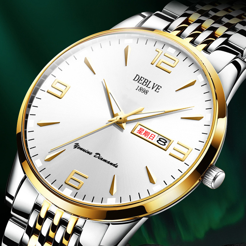 Watch Men's Chinese and English Calendar Ultra-thin Luminous Waterproof Solid Belt Steel Band Alloy Fashion Watch Gift Genuine