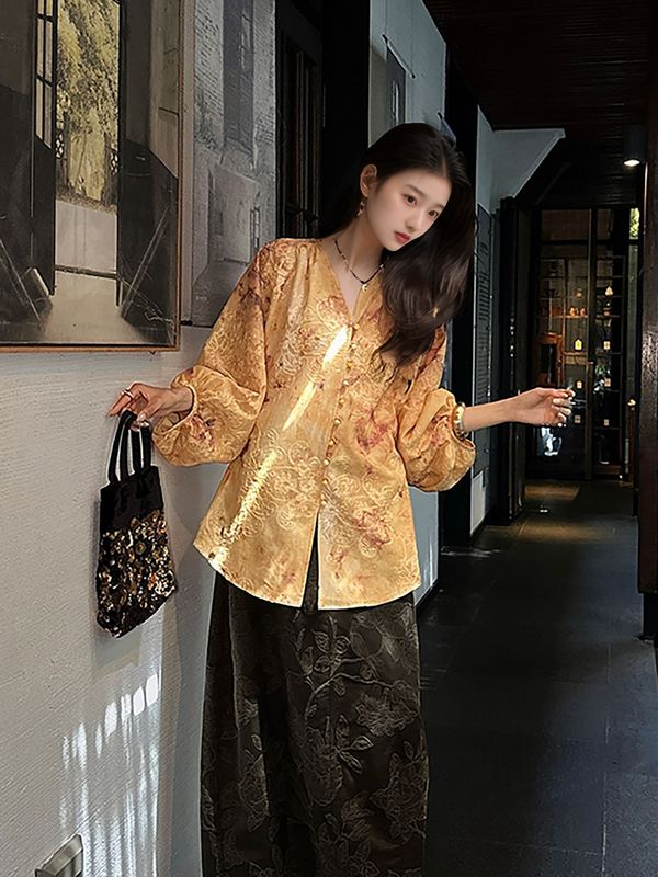 秋季新中式国风灯笼袖刺绣晕染印花衬衫女气质高定小众上衣 N9035|undefined