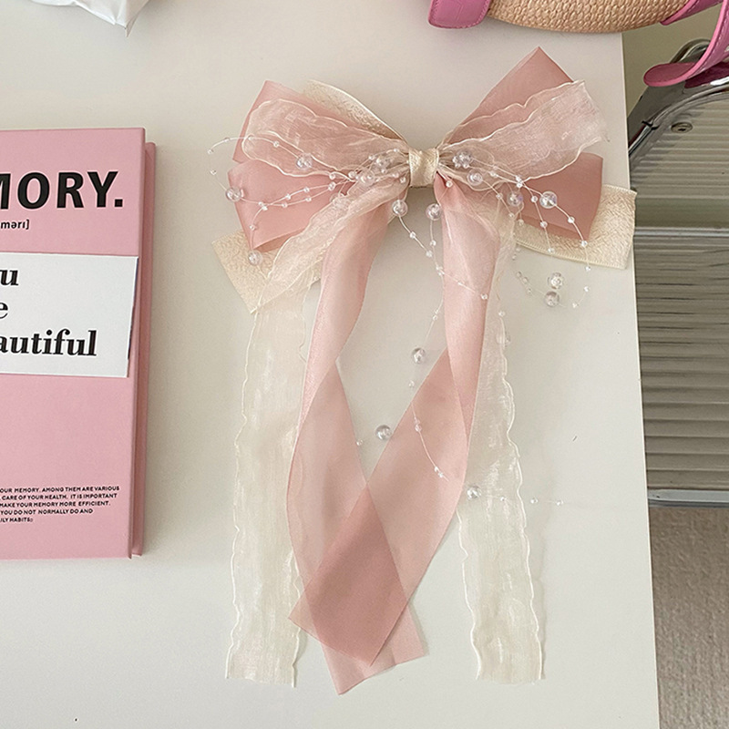 超仙網紗夏蝶結びヘアクリップ多層リボン水玉チェーンスプリングクリップ高級感後頭部ヘアアクセサリー|undefined