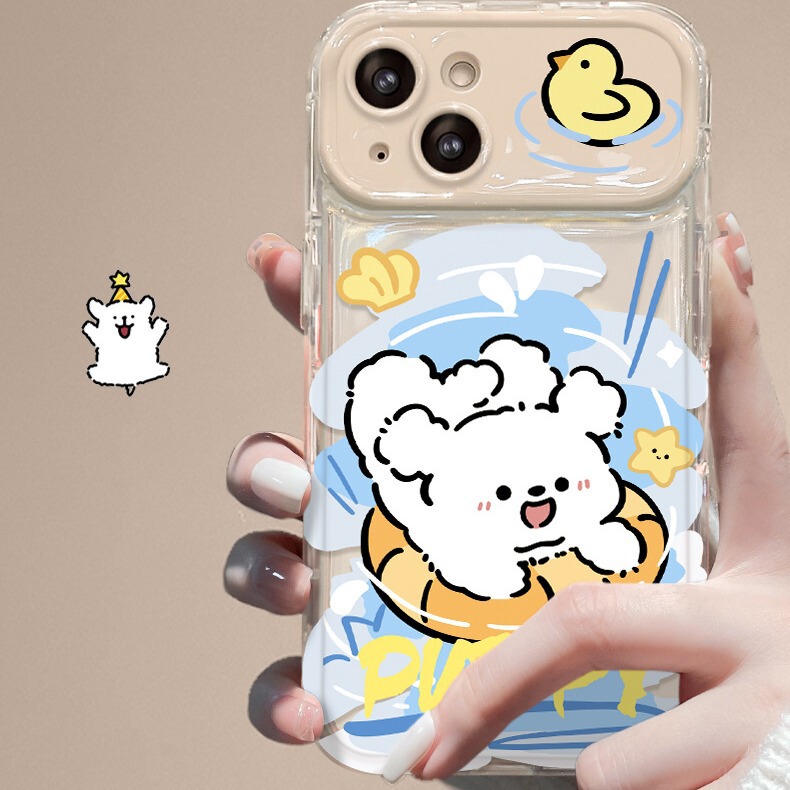 For Apple 15 Mobile Phone Case iphone14 Cute Swimming Ring Puppy 13pro Flip Mirror XS All-inclusive Female 8