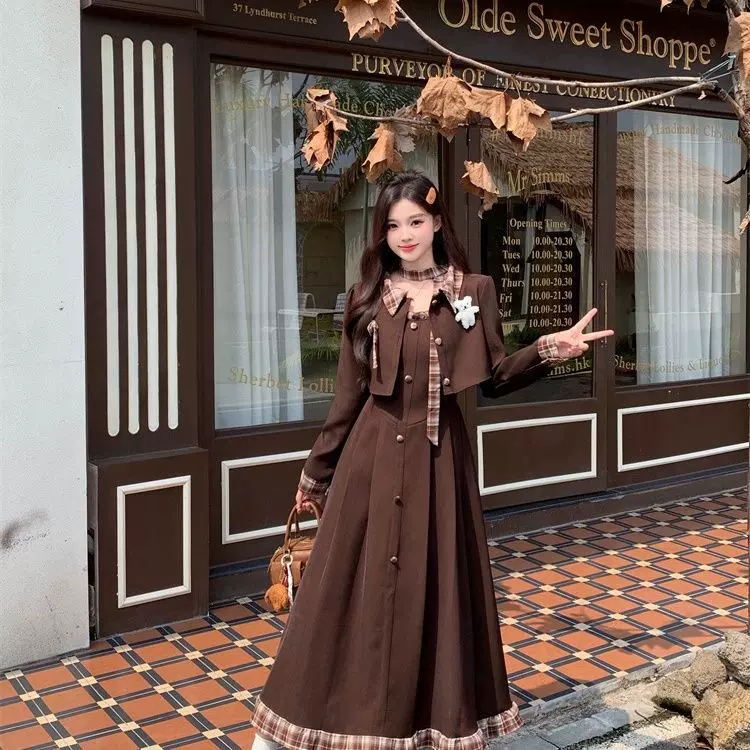 海盐栗子2025大码胖mm法式复古女秋冬格子西装外套连衣裙两件套