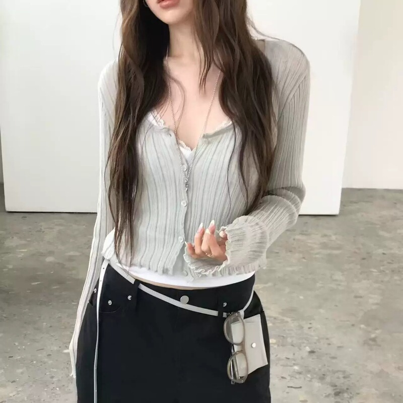 2026 Korean-Style Thin Ribbed Knit Cardigan Dongdaemun Summer New Solid Color Sun Protection Cover-Up Top for Women