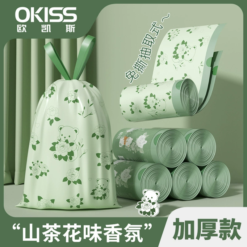 Большие мешки для мусора для домашнего использования, с завязками, не разрываются, большой объем, с рисунком камелии, утолщенные, прочные, легко моются.