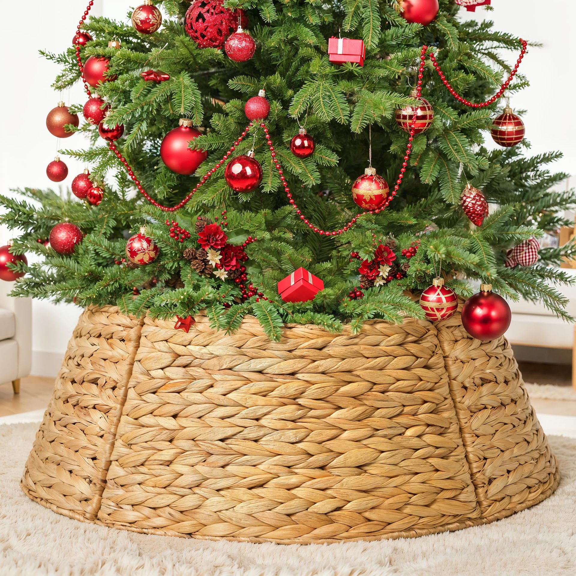 Fabricante de calabaza personalizada tejida de paja alrededor del árbol de Navidad desmontable tejido a mano falda decoración de vacaciones base del árbol de Navidad