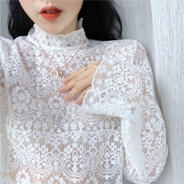 Lace Bottoming Shirt for Women in Autumn and Winter, Stylish Inner Sweater, Long-Sleeved, Chic and Thin 2025 New Cotton Mesh Top