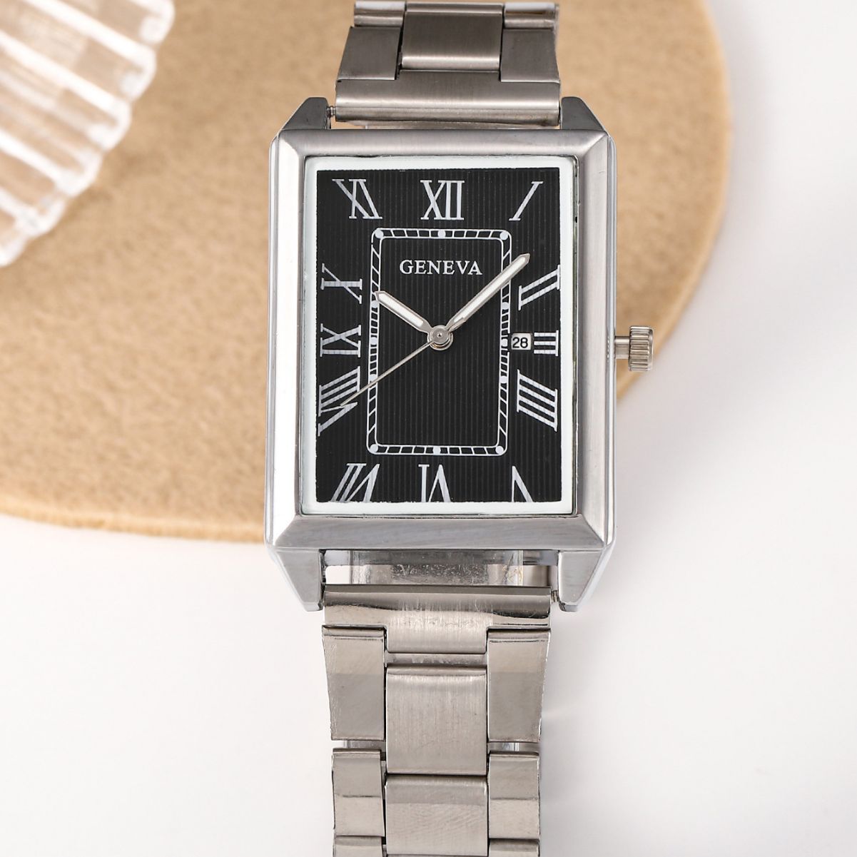 新款时尚男士日历表外贸手表男士钢带方形石英表男表厂家现货批发