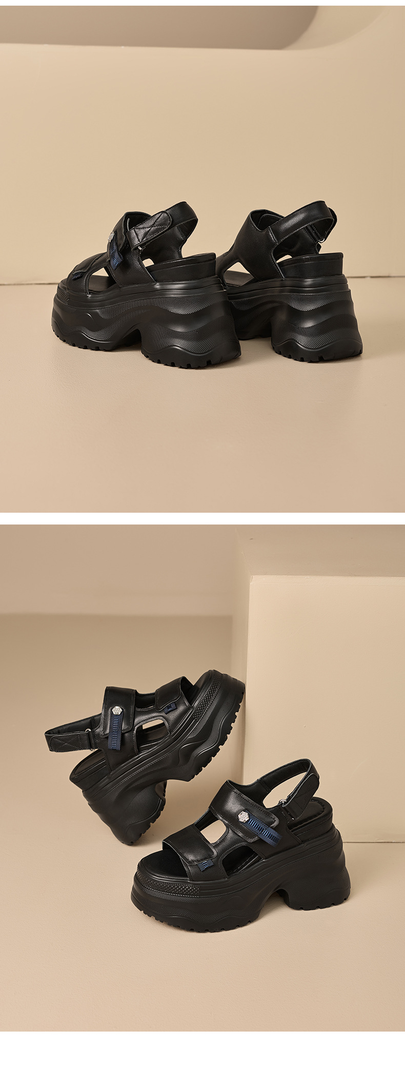 Sandal nữ đế xuồng cao gót 12 cm mũi hở phong cách La Mã — màu đen, màu trắng ngà chi tiết 12
