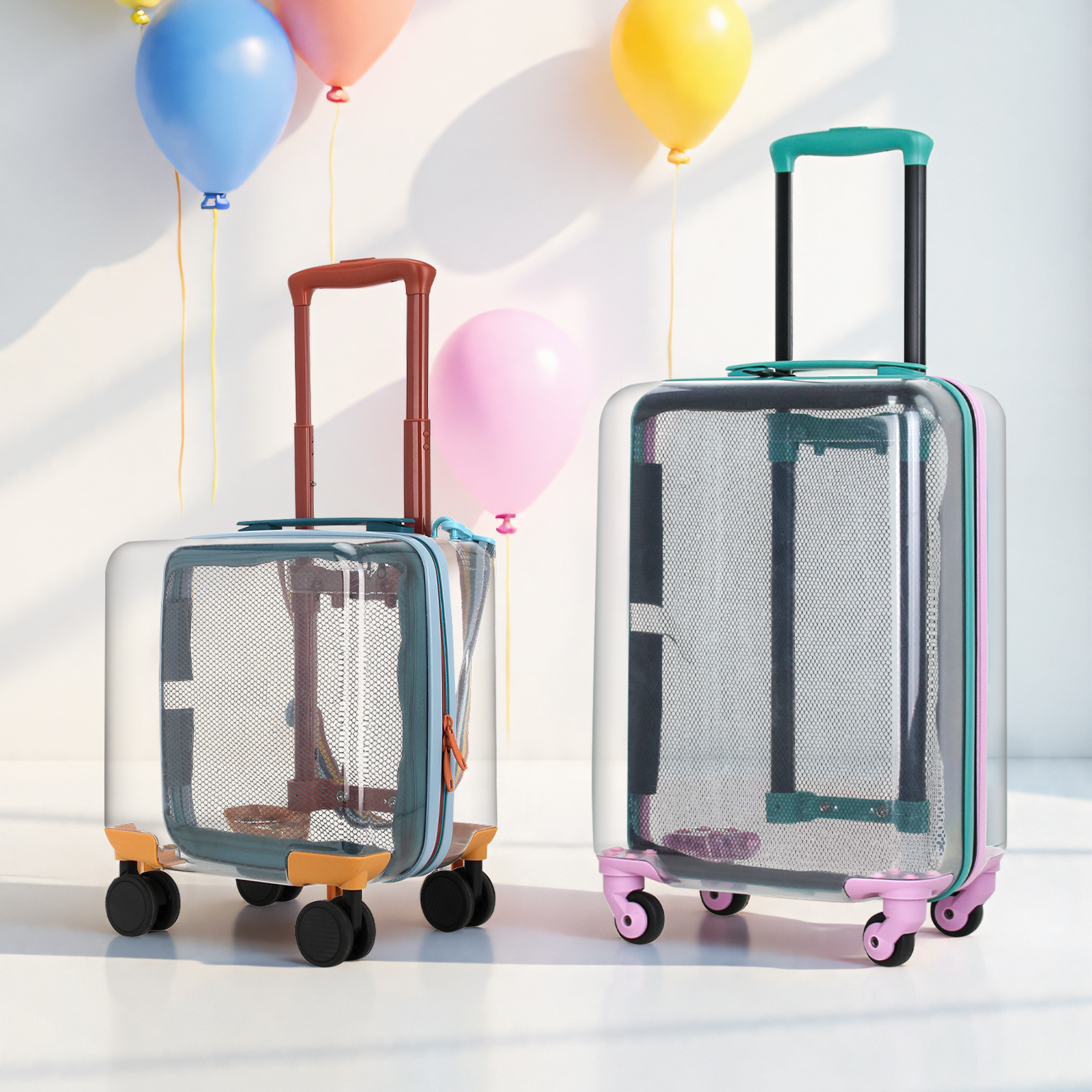 Vali kéo trẻ em 14 inch nhẹ, có dây kéo, hộp đựng thú cưng tùy chỉnh — Màu vàng cam, Màu trong suốt chi tiết 1