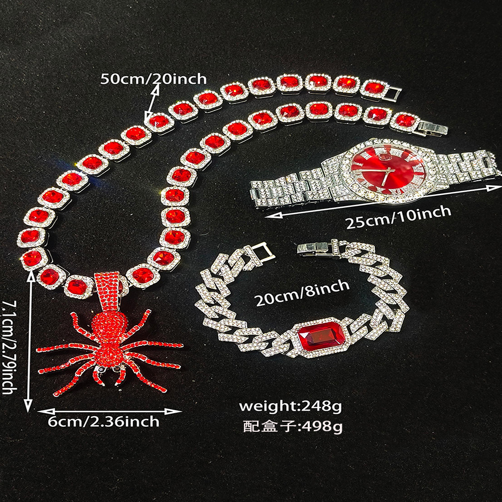 Europa y América hip hop diamantes reloj romano azúcar cubano color collar pulsera colgante araña conjunto de caja de regalo de alto nivel