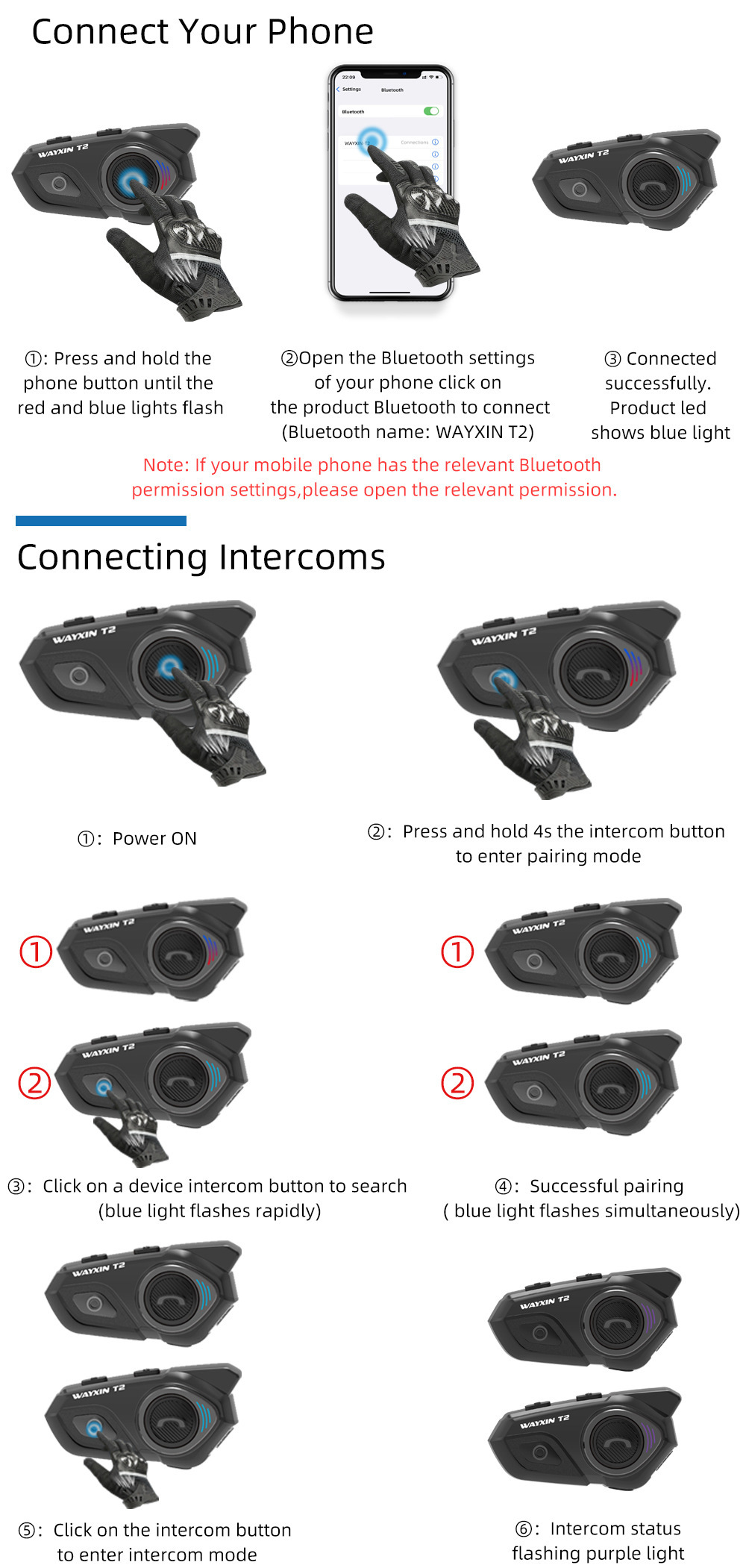 Wayxin Motorcycle Helmet Headset Bluetooth Helmet Headset Helmet Intercom 2 Person Talk T2