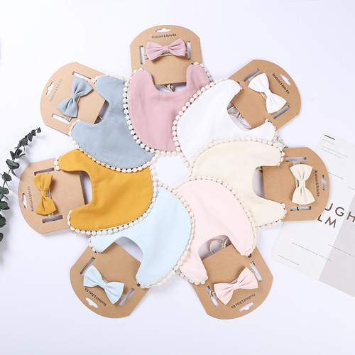 Cross-border new baby solid color lace saliva towel baby anti-vomiting children's bib pocket bow headband set