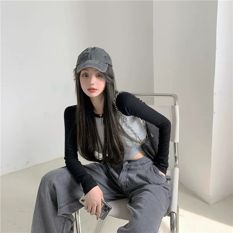 Короткий ретро лонгслив, Slim fit, облегающий, контрастные реглан-рукава (цвет 920)