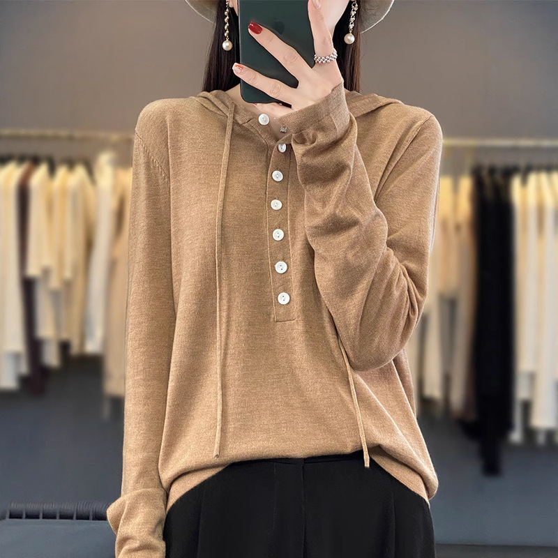 2025 Early Autumn New Worsted Wool Hooded Knitwear Long-Sleeved Women's Pure Color Button Loose Pullover Bottoming Shirt