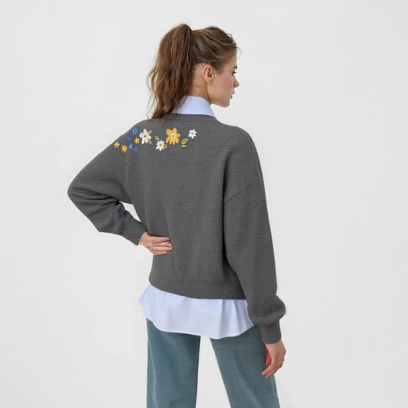 ヨーロッパとアメリカのクロスボーダー刺繍ニットカーディガン女性のための 2025 秋と冬の新しいルーズラウンドネックフラワーセーター女性のジャケット|undefined