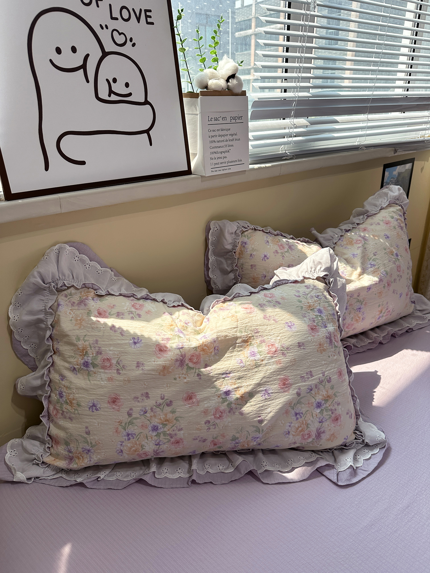 Ensemble quatre pièces en pur coton, style bohème vintage français nordique, housse de couette et drap-housse bordés de dentelle, trois pièces._voghion.com
