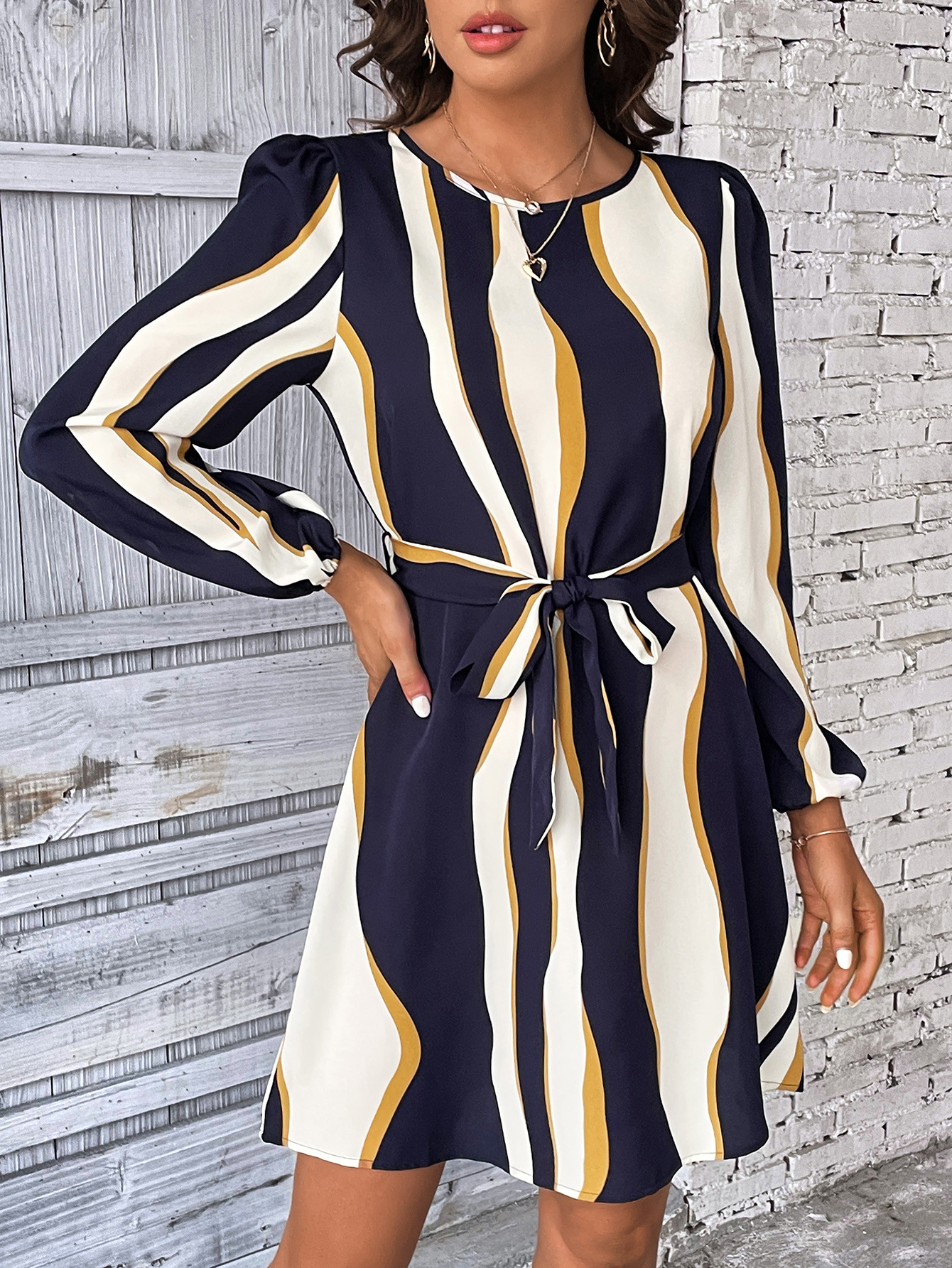 Women Multi Color Stripe Round Neck Lantern Sleeve Belt Dress Women Clothing