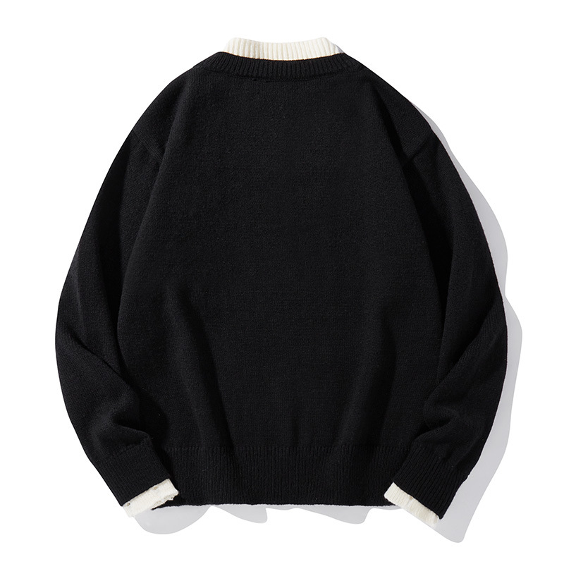 Men's Layered Look V-Neck Sweater Winter Oversized Knit Pullover Casual Loose Fit Long Sleeve Layering Top With Ribbed Hem_voghion.com