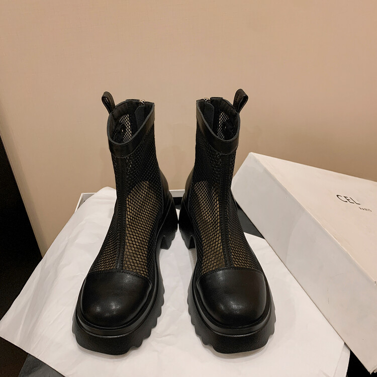 Boot nữ cổ cao đế dày gót bánh xốp da bò lưới thoáng khí xuân hè 2024 — Màu đen, Màu trắng be chi tiết 124