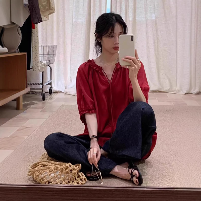 Korean-Style Red Ruffled Lazy-Style Shirt for Women, 2026 Summer New Tie-Up Loose Thin Top