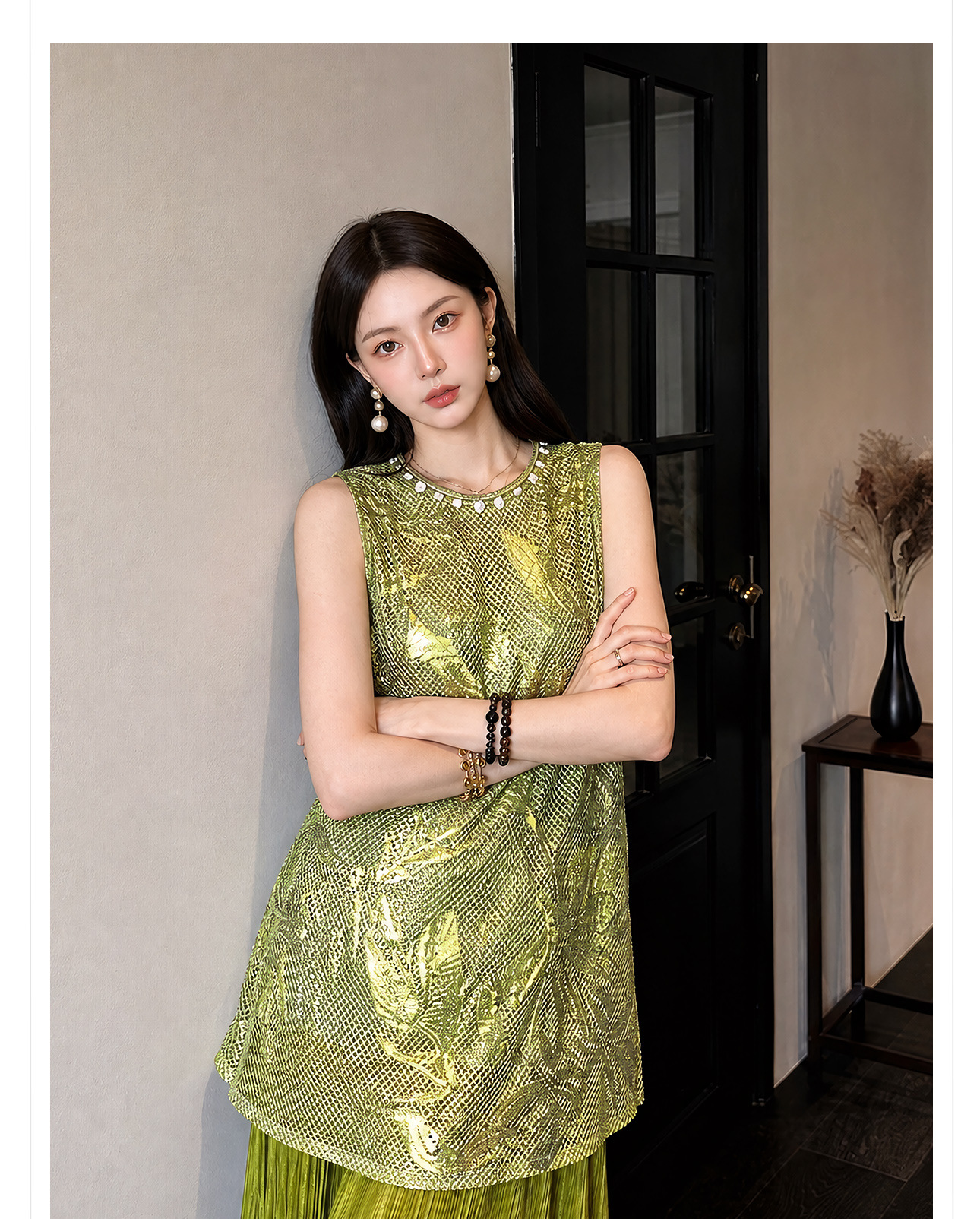 Đầm maxi nữ thắt eo phong cách Tân Trung Hoa họa tiết thêu nổi — Trà cà phê chi tiết 4