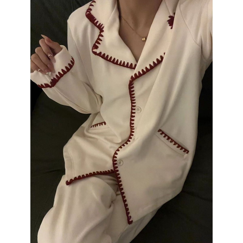 韩版简约翻领德绒简约舒适睡衣女秋季家居服套装长袖长裤可外穿|undefined