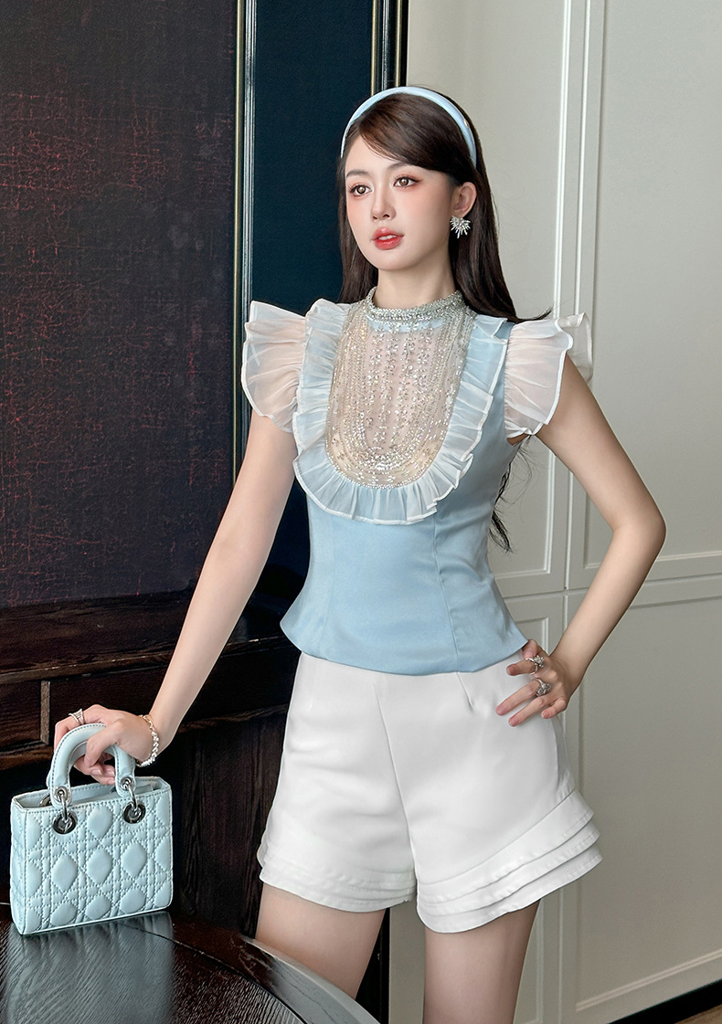 Áo sơ mi nữ bèo nhún đính hạt ôm sát sang trọng — Xanh lông công chi tiết 8